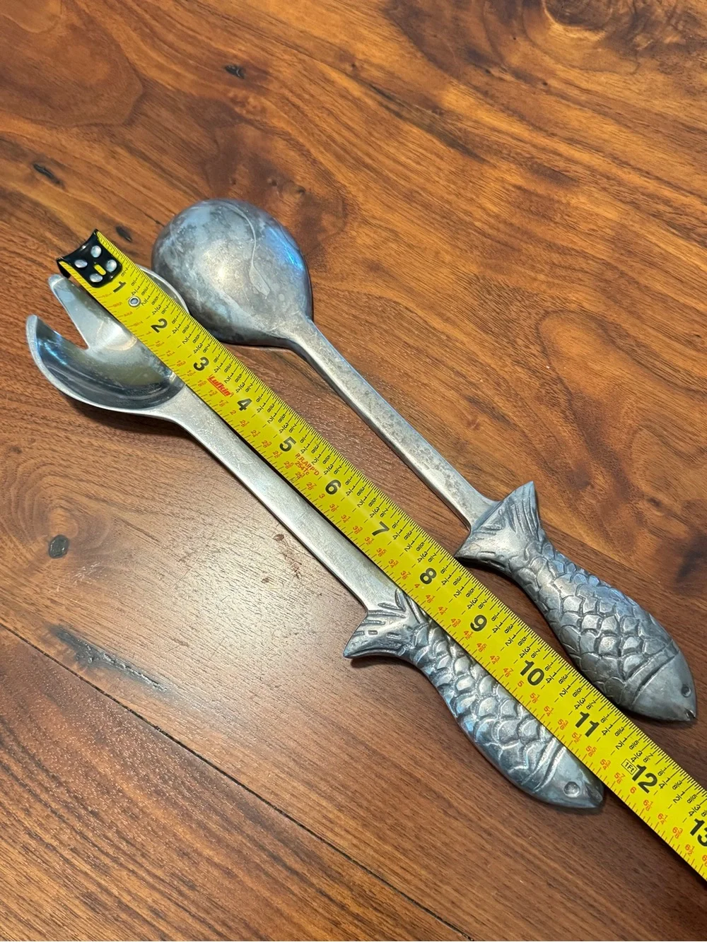 Vintage Fish Handle Aluminum Salad Serving Set in Silver